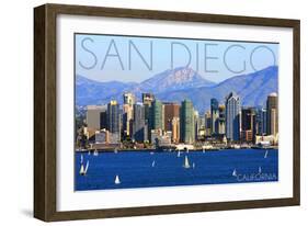 San Diego, California - Mountains and Sailboats-Lantern Press-Framed Art Print