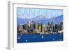 San Diego, California - Mountains and Sailboats-Lantern Press-Framed Art Print