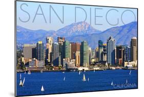 San Diego, California - Mountains and Sailboats-Lantern Press-Mounted Art Print