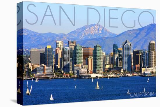 San Diego, California - Mountains and Sailboats-Lantern Press-Stretched Canvas