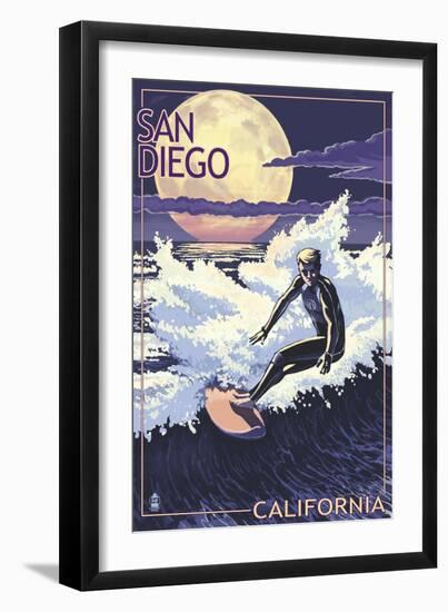 San Diego, California - Night Surfer-Lantern Press-Framed Art Print