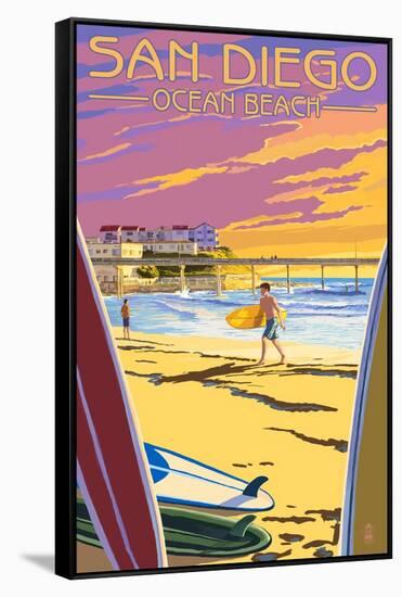 San Diego, California - Ocean Beach-Lantern Press-Framed Stretched Canvas