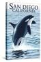 San Diego, California - Orca Jumping-Lantern Press-Stretched Canvas