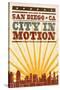 San Diego, California - Skyline and Sunburst Screenprint Style-Lantern Press-Stretched Canvas