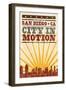 San Diego, California - Skyline and Sunburst Screenprint Style-Lantern Press-Framed Art Print