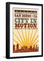 San Diego, California - Skyline and Sunburst Screenprint Style-Lantern Press-Framed Art Print