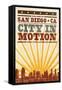 San Diego, California - Skyline and Sunburst Screenprint Style-Lantern Press-Framed Stretched Canvas