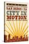 San Diego, California - Skyline and Sunburst Screenprint Style-Lantern Press-Stretched Canvas