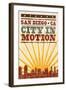 San Diego, California - Skyline and Sunburst Screenprint Style-Lantern Press-Framed Art Print