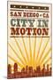 San Diego, California - Skyline and Sunburst Screenprint Style-Lantern Press-Mounted Art Print