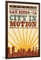 San Diego, California - Skyline and Sunburst Screenprint Style-Lantern Press-Framed Art Print