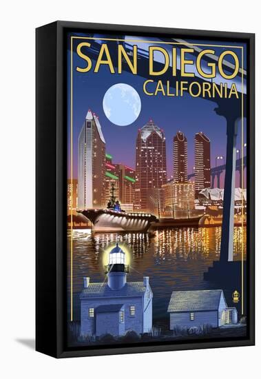 San Diego, California - Skyline at Night-Lantern Press-Framed Stretched Canvas