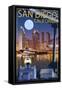 San Diego, California - Skyline at Night-Lantern Press-Framed Stretched Canvas