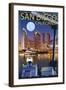 San Diego, California - Skyline at Night-Lantern Press-Framed Art Print