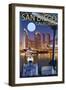 San Diego, California - Skyline at Night-Lantern Press-Framed Art Print