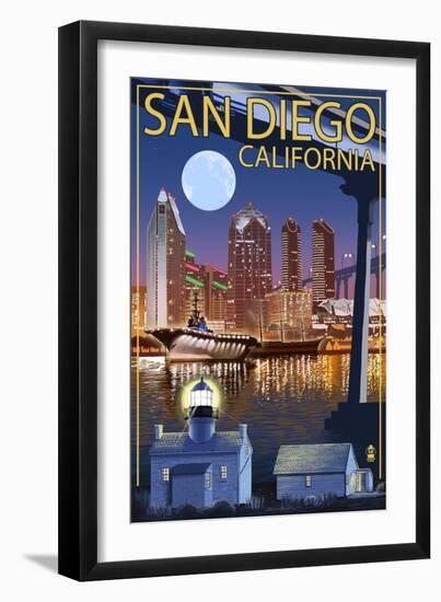 San Diego, California - Skyline at Night-Lantern Press-Framed Art Print