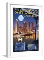 San Diego, California - Skyline at Night-Lantern Press-Framed Art Print