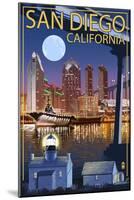 San Diego, California - Skyline at Night-Lantern Press-Mounted Art Print