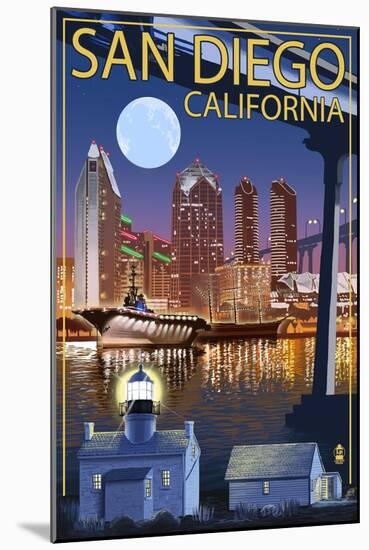 San Diego, California - Skyline at Night-Lantern Press-Mounted Art Print