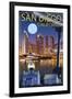 San Diego, California - Skyline at Night-Lantern Press-Framed Art Print