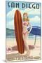 San Diego, California - Surfer Pinup-Lantern Press-Mounted Art Print