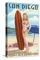 San Diego, California - Surfer Pinup-Lantern Press-Stretched Canvas