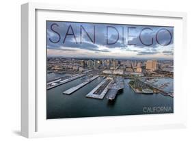 San Diego, California - Water and City Aerial View-Lantern Press-Framed Art Print