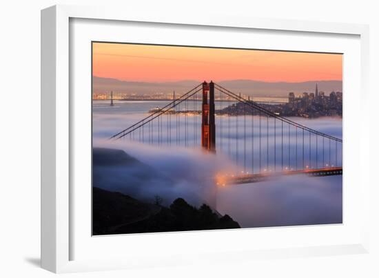 San Francisco At Sunrise, Behind The Golden Gate Bridge And A Low Blanket Of Fog-Joe Azure-Framed Photographic Print