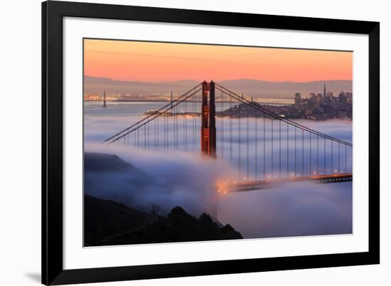 San Francisco At Sunrise, Behind The Golden Gate Bridge And A Low Blanket Of Fog-Joe Azure-Framed Photographic Print