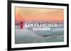 San Francisco, CA - Golden Gate Bridge and Fog - Stamp-Lantern Press-Framed Art Print