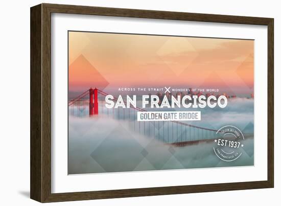 San Francisco, CA - Golden Gate Bridge and Fog - Stamp-Lantern Press-Framed Art Print