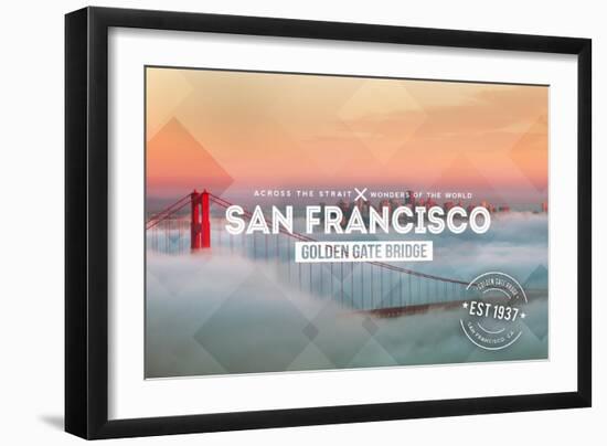 San Francisco, CA - Golden Gate Bridge and Fog - Stamp-Lantern Press-Framed Art Print