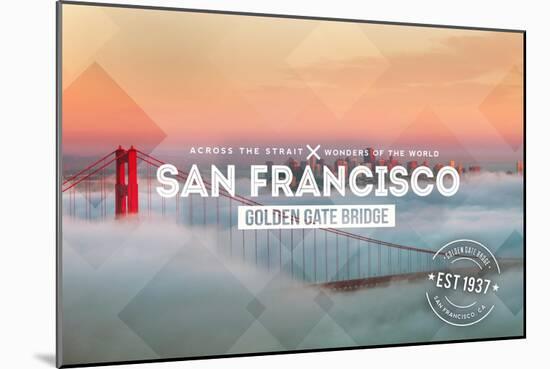 San Francisco, CA - Golden Gate Bridge and Fog - Stamp-Lantern Press-Mounted Art Print