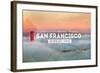 San Francisco, CA - Golden Gate Bridge and Fog - Stamp-Lantern Press-Framed Art Print