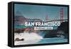 San Francisco, CA - Golden Gate Bridge and Waves - Stamp-Lantern Press-Framed Stretched Canvas