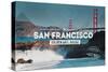 San Francisco, CA - Golden Gate Bridge and Waves - Stamp-Lantern Press-Stretched Canvas
