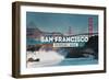 San Francisco, CA - Golden Gate Bridge and Waves - Stamp-Lantern Press-Framed Art Print