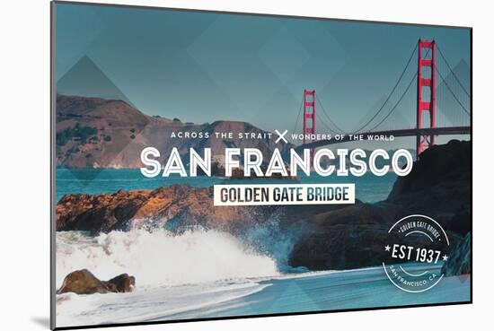 San Francisco, CA - Golden Gate Bridge and Waves - Stamp-Lantern Press-Mounted Art Print