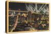 San Francisco, CA - Night View of City, Bay Bridge, Searchlights-Lantern Press-Stretched Canvas