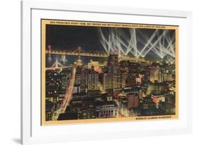 San Francisco, CA - Night View of City, Bay Bridge, Searchlights-Lantern Press-Framed Art Print