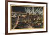 San Francisco, CA - Night View of City, Bay Bridge, Searchlights-Lantern Press-Framed Art Print