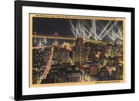 San Francisco, CA - Night View of City, Bay Bridge, Searchlights-Lantern Press-Framed Art Print