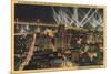 San Francisco, CA - Night View of City, Bay Bridge, Searchlights-Lantern Press-Mounted Art Print