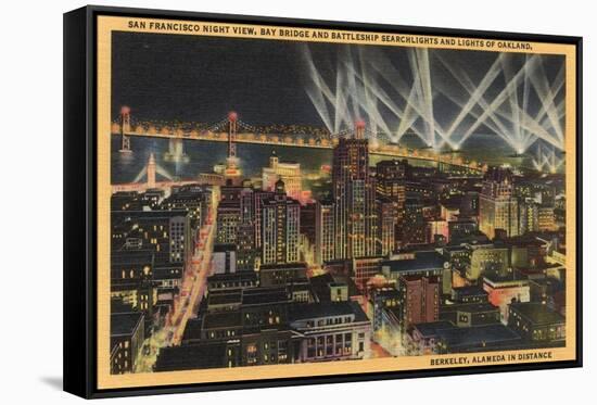 San Francisco, CA - Night View of City, Bay Bridge, Searchlights-Lantern Press-Framed Stretched Canvas