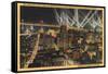 San Francisco, CA - Night View of City, Bay Bridge, Searchlights-Lantern Press-Framed Stretched Canvas