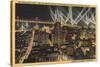 San Francisco, CA - Night View of City, Bay Bridge, Searchlights-Lantern Press-Stretched Canvas