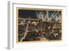 San Francisco, CA - Night View of City, Bay Bridge, Searchlights-Lantern Press-Framed Art Print