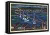 San Francisco, California - Aerial View of Bay Bridge at Night-Lantern Press-Framed Stretched Canvas