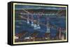 San Francisco, California - Aerial View of Bay Bridge at Night-Lantern Press-Framed Stretched Canvas