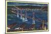 San Francisco, California - Aerial View of Bay Bridge at Night-Lantern Press-Mounted Art Print